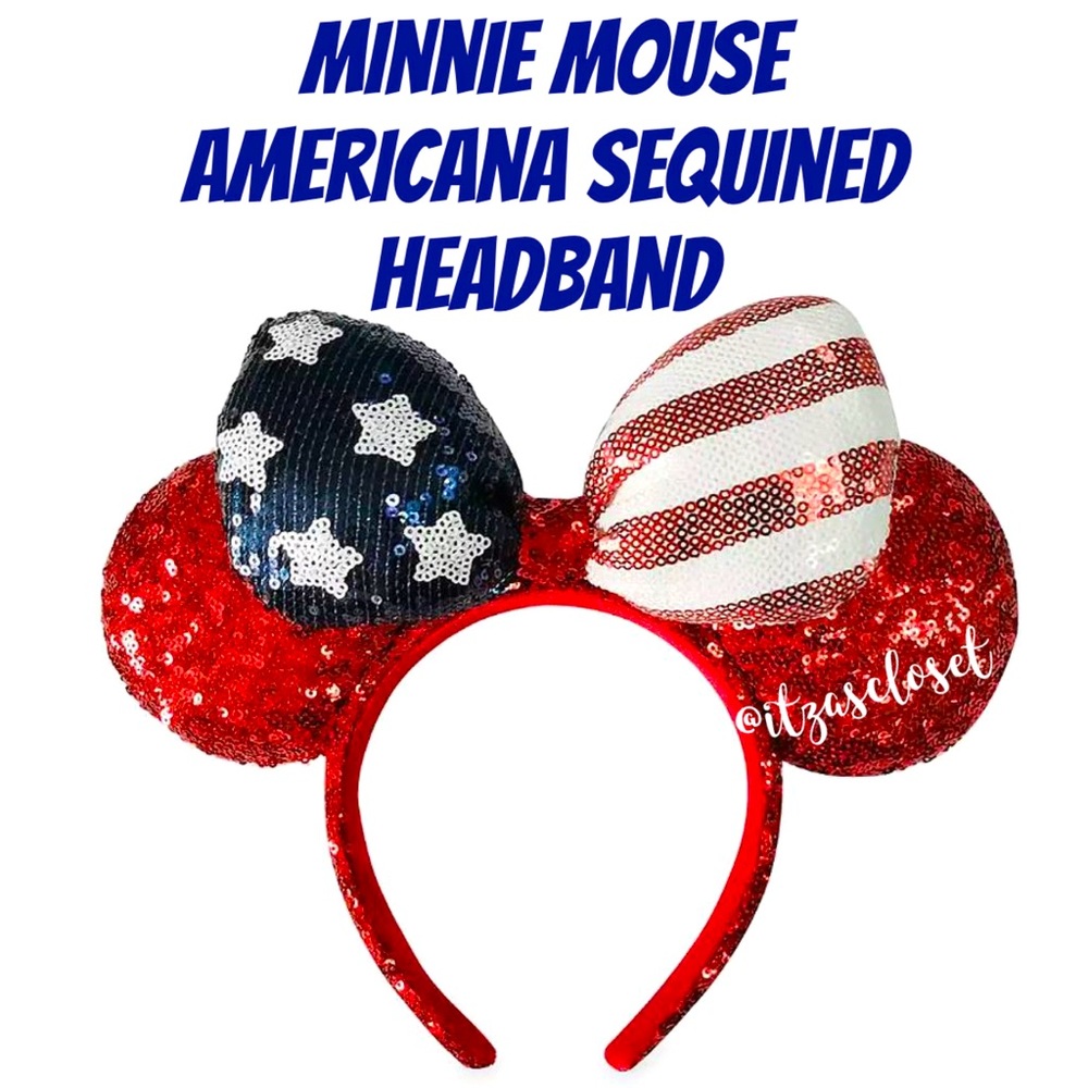 Disney Parks Minnie Mouse Americana Ears NWT Red White Blue Star Strips Sequins